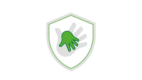 symbolisch dargestellt ein Schutzschild mit einer großen und einer kleinen Hand als Schutz