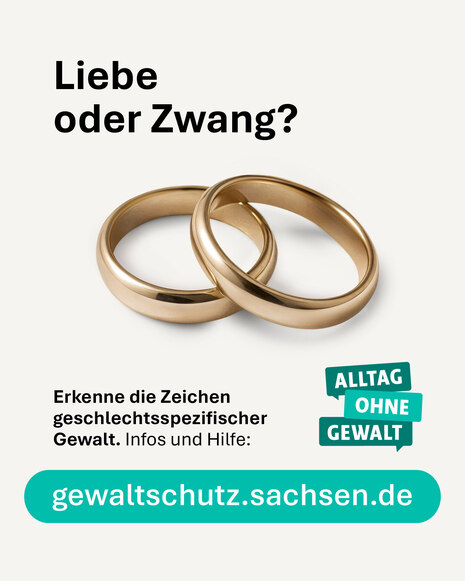 Überschrift „Liebe oder Zwang?“ über zwei ineinanderliegenden goldenen Ringen. Text: „Erkenne die Zeichen geschlechtsspezifischer Gewalt. Infos und Hilfe:“ sowie Webadresse „gewaltschutz.sachsen.de“ und Logo „Alltag ohne Gewalt“.