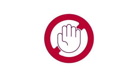 Piktogramm ein roter Kreis, in der Mitte eine vorgestreckte Hand die einen quer durchgehenden roten Streifen verdeckt. Dies soll für "STOP" stehen. Das Bild soll für Prävention stehen.