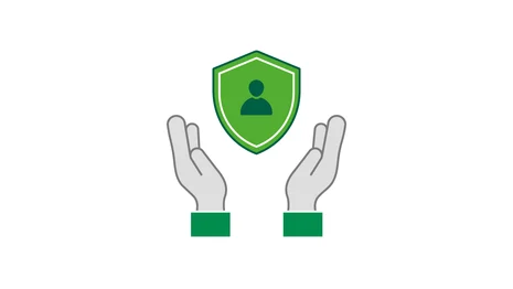 Piktogramm von zwei geöffneten Händen, die ein grünes Schild mit Silhouette einer Person tragen. Symbol für Schutz und Beratung für von Gewalt betroffene Menschen.