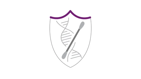 ein gezeichnetes Schutzschild darin symbolisch eine Doppelhelix mit einem Ohrenstäbchen, das die Spurensicherung veranschaulichen soll